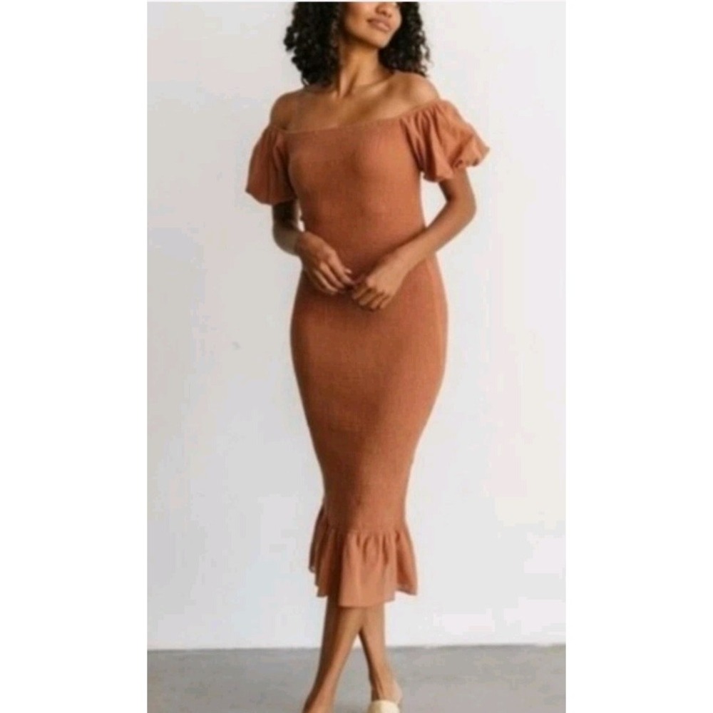 New Baltic Born Alana Smocked Midi Dress Mocha Brown Size Medium NWT Ruffle